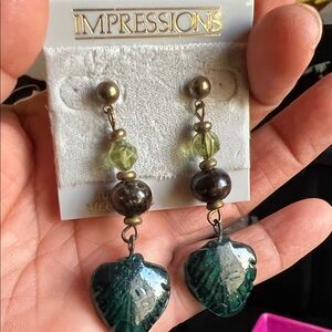 Impressions Green and Brown Beaded Leaf Earrings